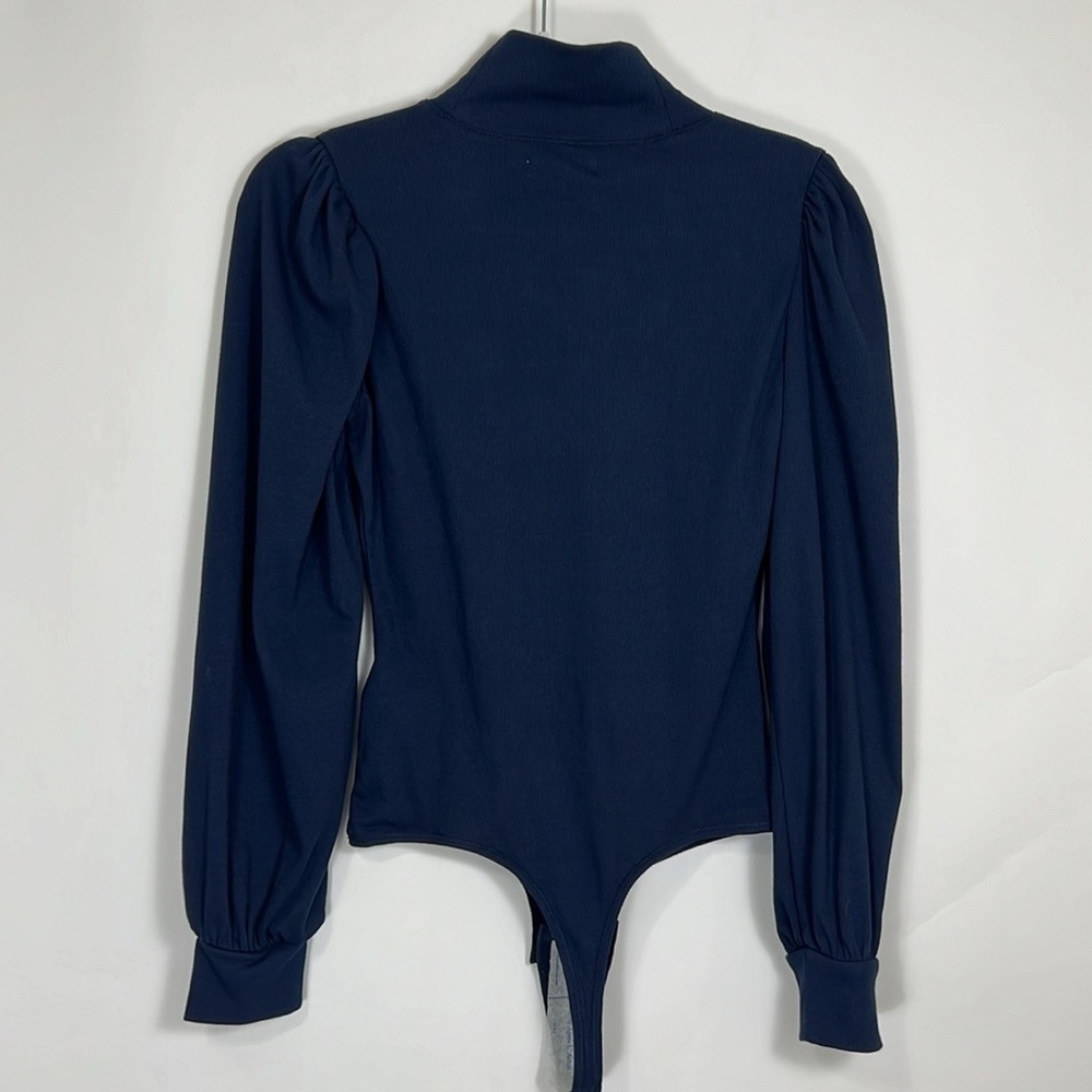 Madewell Ribbed Puff Sleeve Turtleneck Thong Bodysuit in Navy Blue Size Medium - Picture 5 of 13